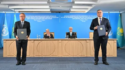 Қол қою рәсімі, Қасым-Жомарт Тоқаев, Антониу Гутерриш, Алматы, БҰҰ өңірлік орталығы , сурет - Zakon.kz жаңалық 03.08.2025 14:01