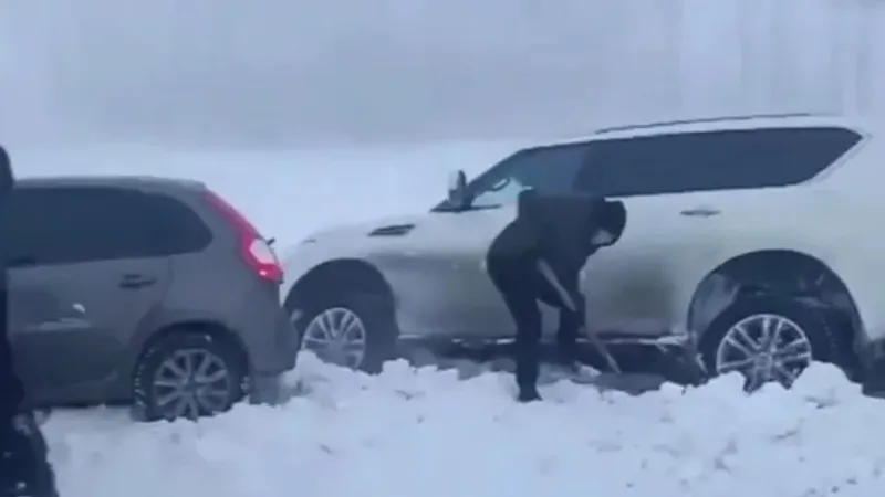 ШҚО-да полицейлер қарлы боранда тасжолда қалып қойған көліктерге көмектесті