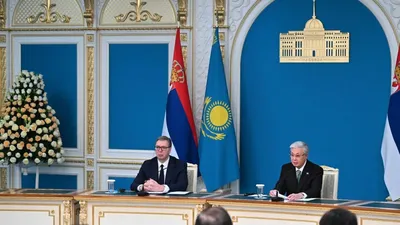2026 жылғы 27 ақпанда Қазақстан Президенті Қасым-Жомарт Тоқаев Сербия Президенті Александр Вучичпен кеңейтілген құрамда келіссөз жүргізді. , сурет - Zakon.kz жаңалық 27.02.2026 16:43