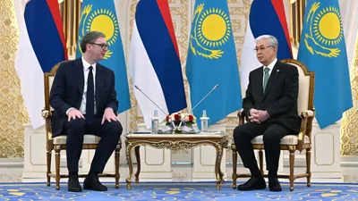 Сербия Президенті Александр Вучичті Ақордада ресми қарсы алу рәсімінен кейін екі ел басшыларының тар құрамдағы келіссөздері өтті, деп хабарлайды Zakon.kz., сурет - Zakon.kz жаңалық 27.02.2026 12:36