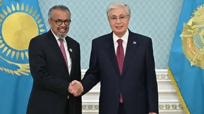 Қасым-Жомарт Тоқаев 2026 жылғы 23 сәуірде Тедрос Адханом Гебрейесус-пен кездесу өткізді, деп хабарлайды Zakon.kz., сурет - Zakon.kz жаңалық 23.04.2026 12:09