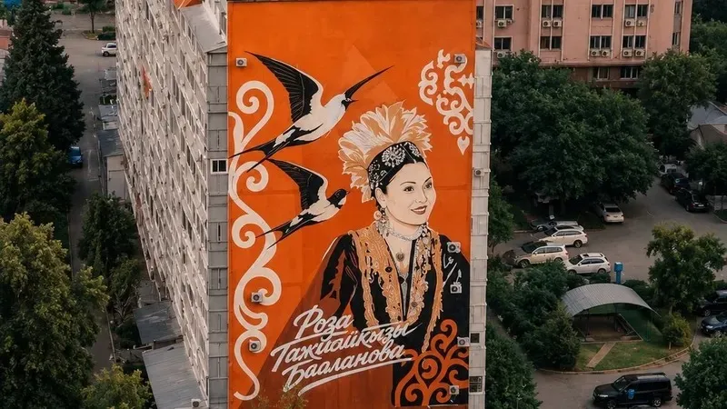 Алматының Медеу ауданындағы Самал-3 шағынауданы, 21-үйдің қасбетіне КСРО Халық артисі, аты аңызға айналған әнші Роза Бағланованың бейнесі салынған мурал салынды., сурет - Zakon.kz жаңалық 28.05.2026 15:07