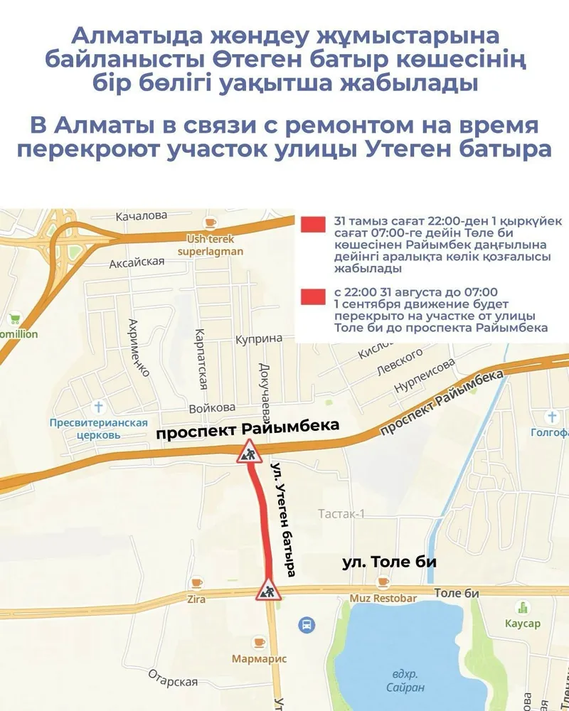 Өтеген батыр көшесінің бір бөлігінде орташа жөндеу жұмыстарының жүргізілуіне байланысты көлік қозғалысына уақытша шектеу енгізіледі., сурет - Zakon.kz жаңалық 31.08.2026 15:11