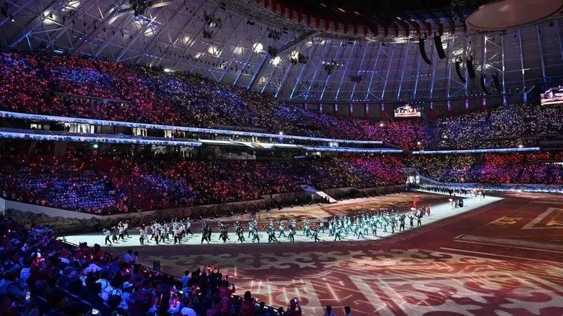 2026 жылғы 31 тамызда жаңадан салынған "Бішкек Арена" стадионында VI Дүниежүзілік көшпенділер ойындарының салтанатты ашылу рәсімі өтті, деп хабарлайды Zakon.kz., сурет - Zakon.kz жаңалық 01.09.2026 13:39